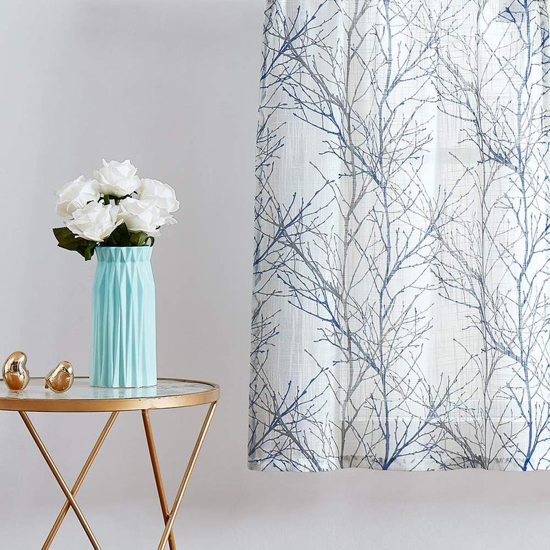 FMFUNCTEX Blue Kitchen Curtains 36â€ Grey Tree Print on White Tier Curtain Set for Small Windows Basement Room Bathroom, 2 Panels - Image 3